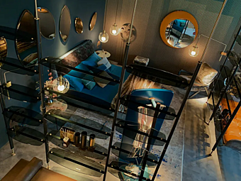 Floor to ceiling wood and glass bookcase Borzalino Nima factory Borzalino from Italy