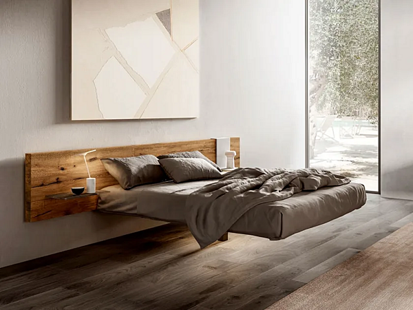 Suspended wooden double bed with upholstered back LAGO Fluttua Wildwood factory LAGO from Italy. Foto №1