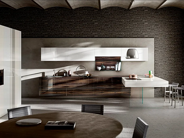 Kitchen with peninsula wood and glass LAGO 36E8 factory LAGO from Italy. Foto №1