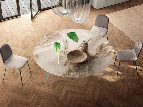 Round table with glass base and marble effect LAGO Xglass Base Air Slim 2260x 2260X factory LAGO from Italy. Foto №1