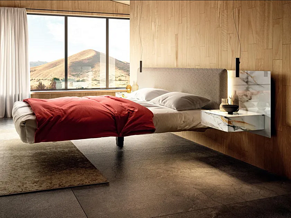 Double bed with integrated nightstands fabric and glass LAGO Fluttua Free 1657 1657 factory LAGO from Italy. Foto №1
