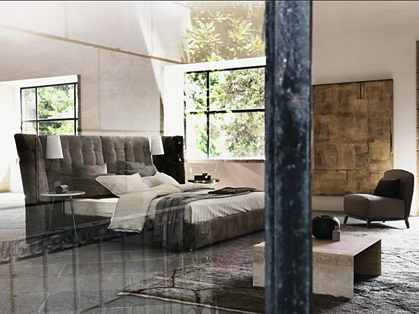 Bed with high angled headboard upholstered Flou Paravento factory Flou from Italy. Foto №6