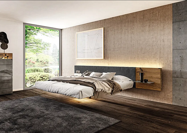 Suspended wooden double bed with upholstered back LAGO Fluttua Wildwood factory LAGO from Italy. Foto №3