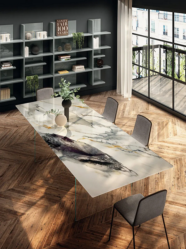 Rectangular table with glass base and marble effect XGlass top LAGO Air Slim 2190x 2195X factory LAGO from Italy. Foto №2