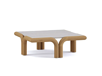 Square Iroko Garden Side Table with Travertine Top Paolo Castelli Imane