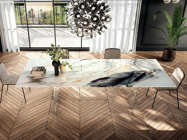 Rectangular table with glass base and marble effect XGlass top LAGO Air Slim 2190x 2195X factory LAGO from Italy. Foto №1