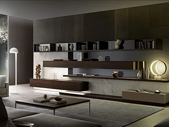 Sectional storage wall with integrated lighting MisuraEmme Tao factory MisuraEmme from Italy