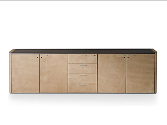 Low wooden office storage unit upholstered in leather I 4 Mariani De Symetria